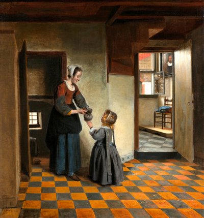 Eine Frau mit einem Kind in einer Speisekammer von Pieter de Hooch
